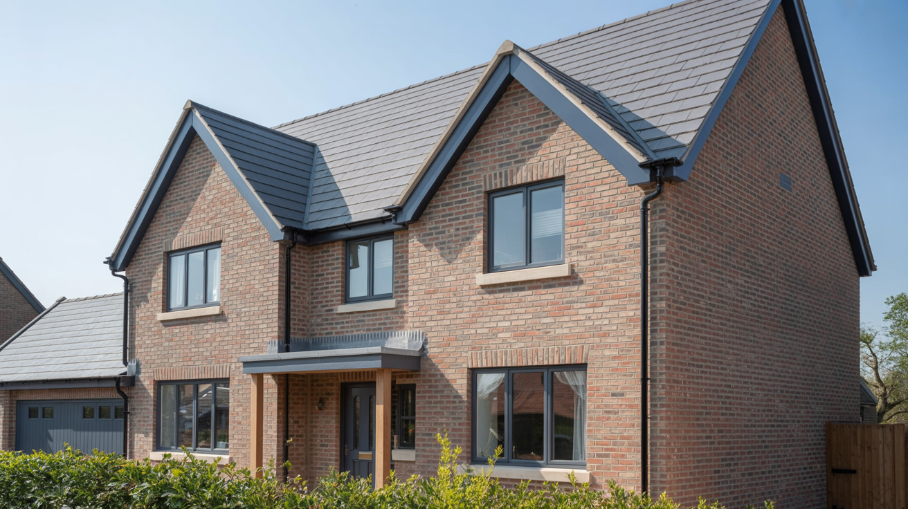 Modern new-build house with anthracite grey roofline